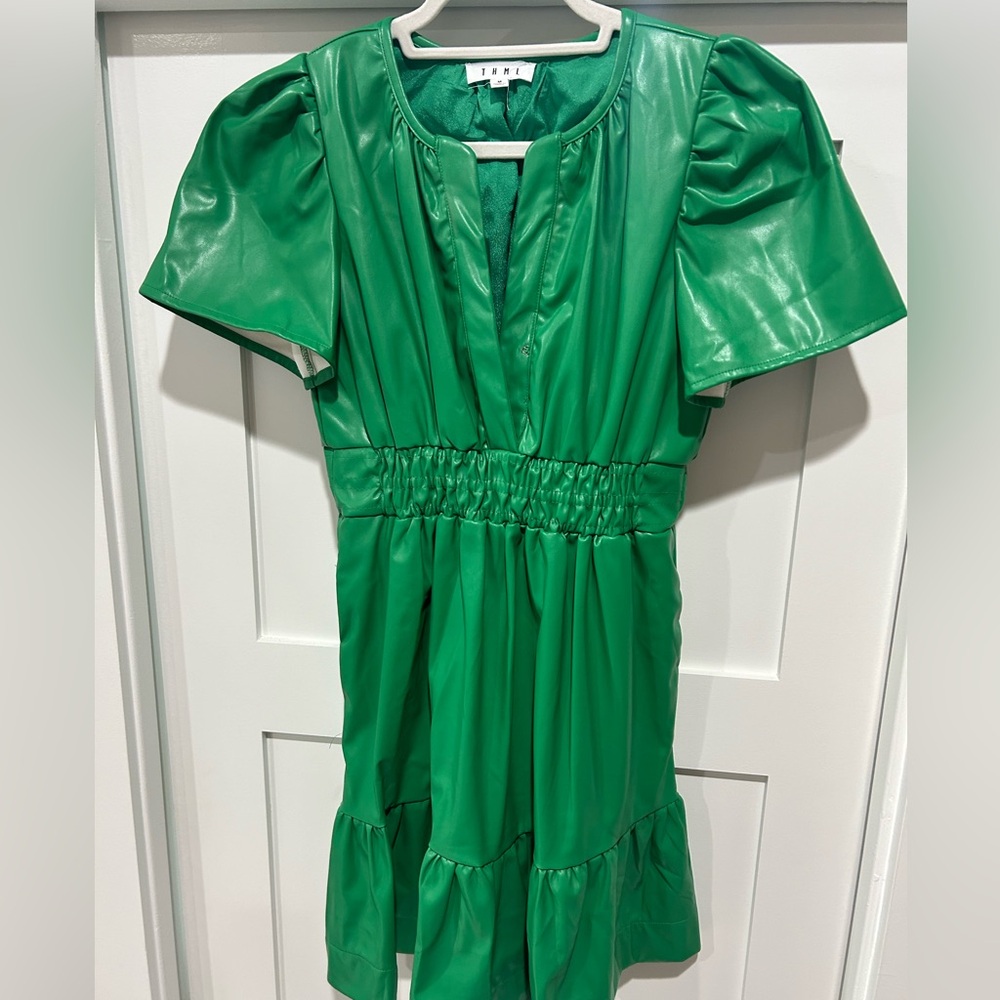 THML Green Faux Leather Mini Dress with Puff Sleeves